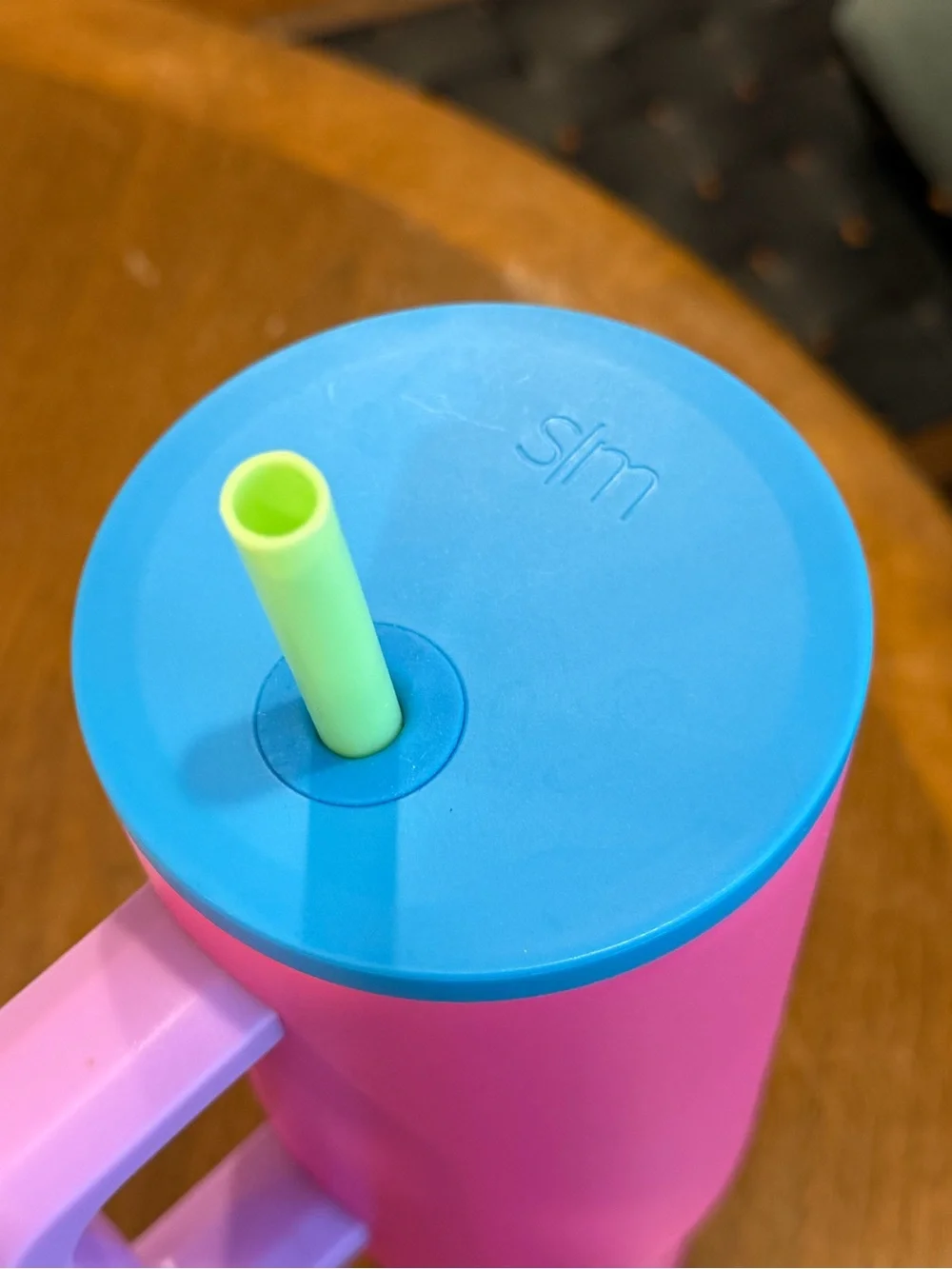 Slim Pink simple modern Travel Tumbler with Handle and Blue Lid
